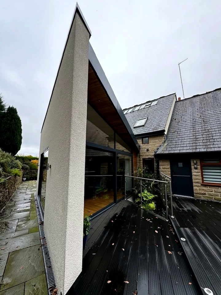 The completed rendered extension and deck, side profile